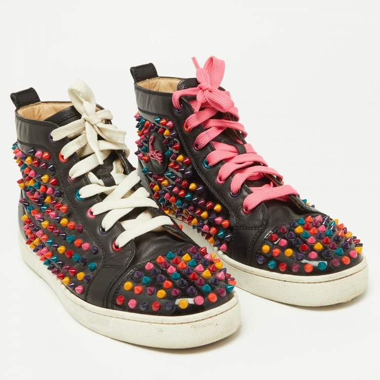 Pre Owned Christian Louboutin Black Patent and Leather Multicolor Spikes Louis Sneakers Size 42
