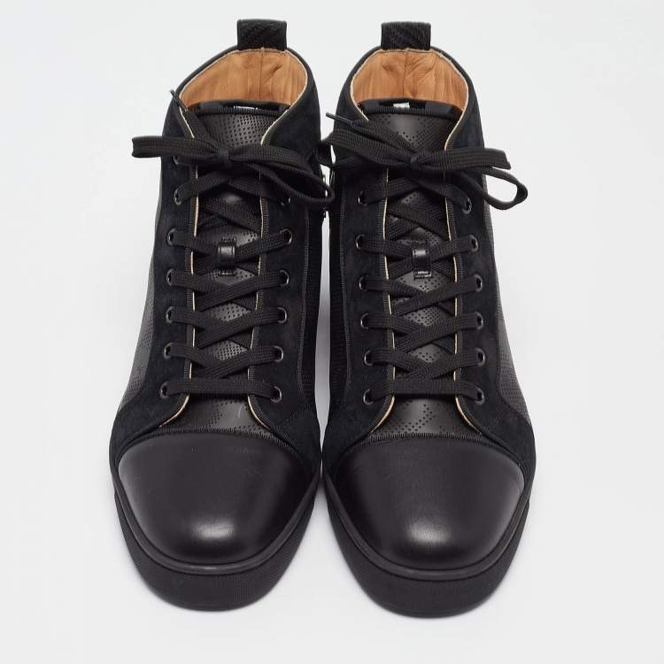 Pre Owned Christian Louboutin Black Perforated Leather and Grosgrain Louis Orlato Sneakers Size 45