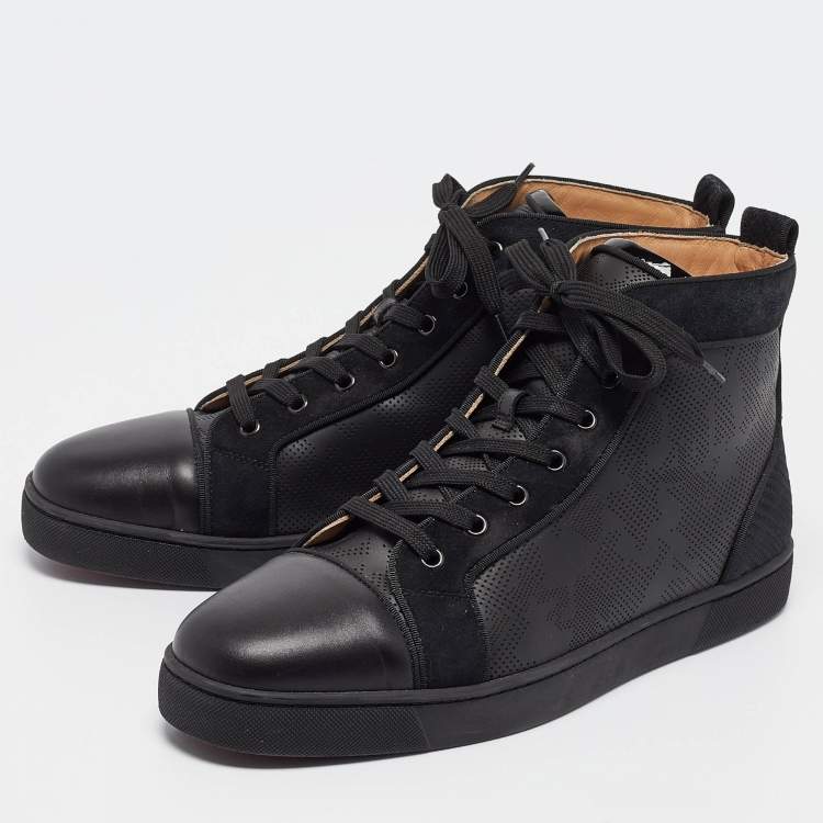 Pre Owned Christian Louboutin Black Perforated Leather and Grosgrain Louis Orlato Sneakers Size 45