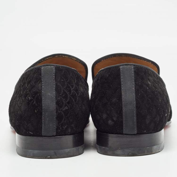 Pre Owned Christian Louboutin Black Embossed Suede Dandelion Smoking Slippers Size 42.5