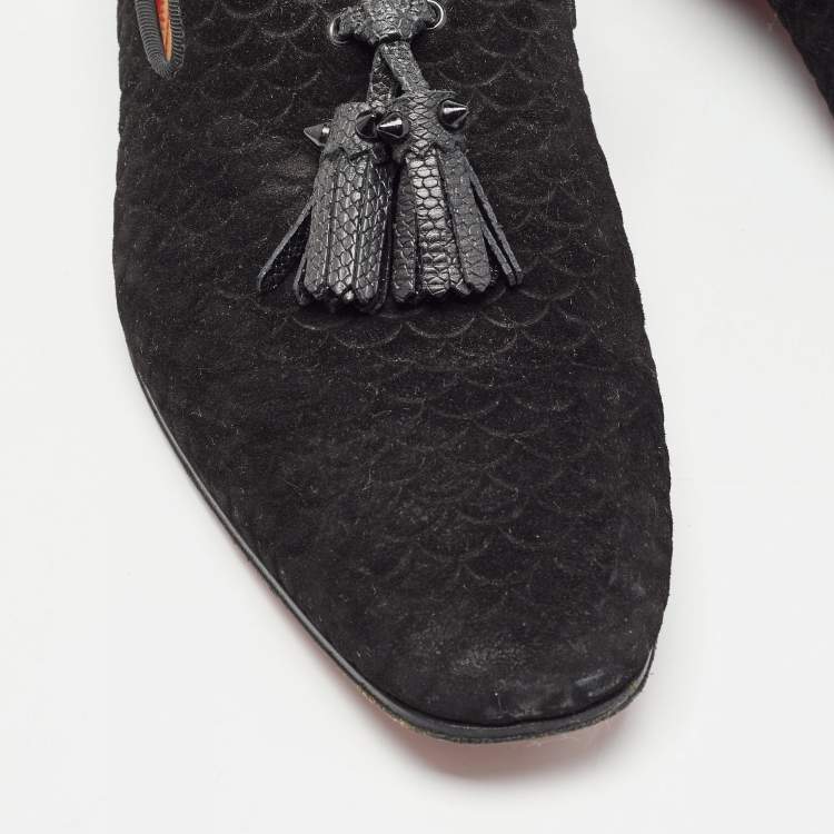 Pre Owned Christian Louboutin Black Embossed Suede Dandelion Smoking Slippers Size 42.5