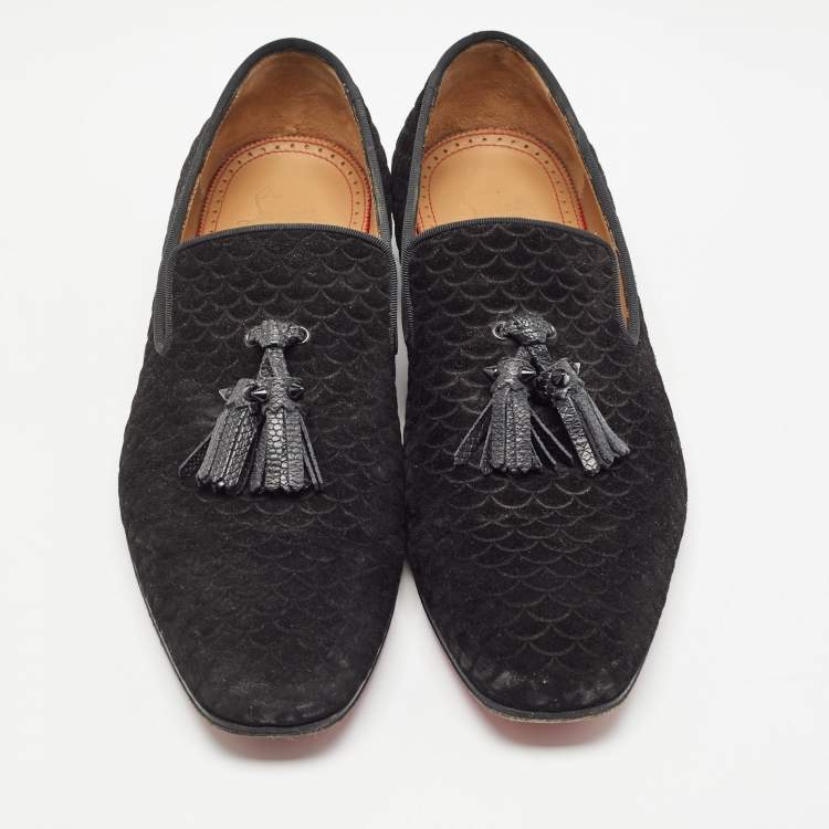 Pre Owned Christian Louboutin Black Embossed Suede Dandelion Smoking Slippers Size 42.5