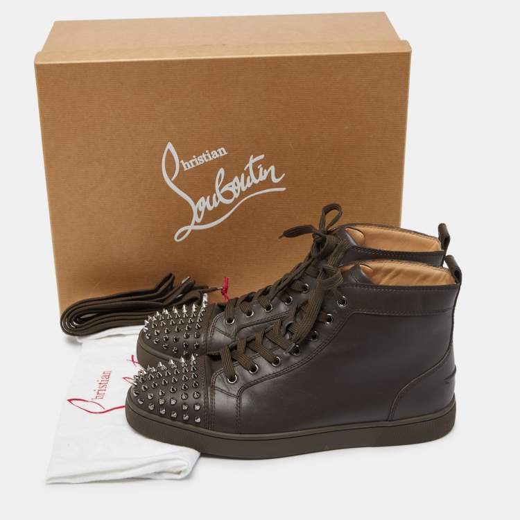 Pre Owned Christian Louboutin Brown Leather Lou Spikes High Top Sneakers Size 43.5