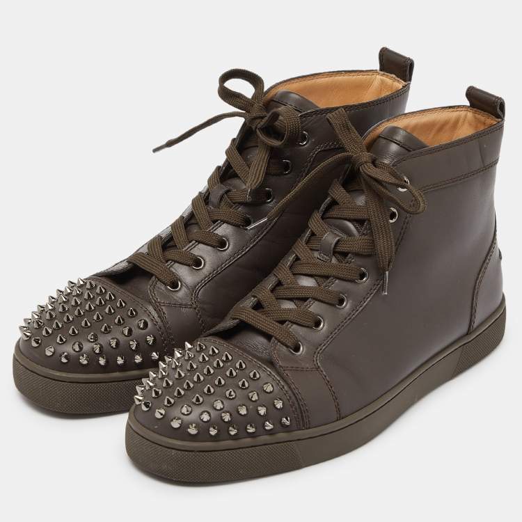 Pre Owned Christian Louboutin Brown Leather Lou Spikes High Top Sneakers Size 43.5