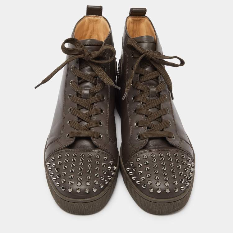 Pre Owned Christian Louboutin Brown Leather Lou Spikes High Top Sneakers Size 43.5