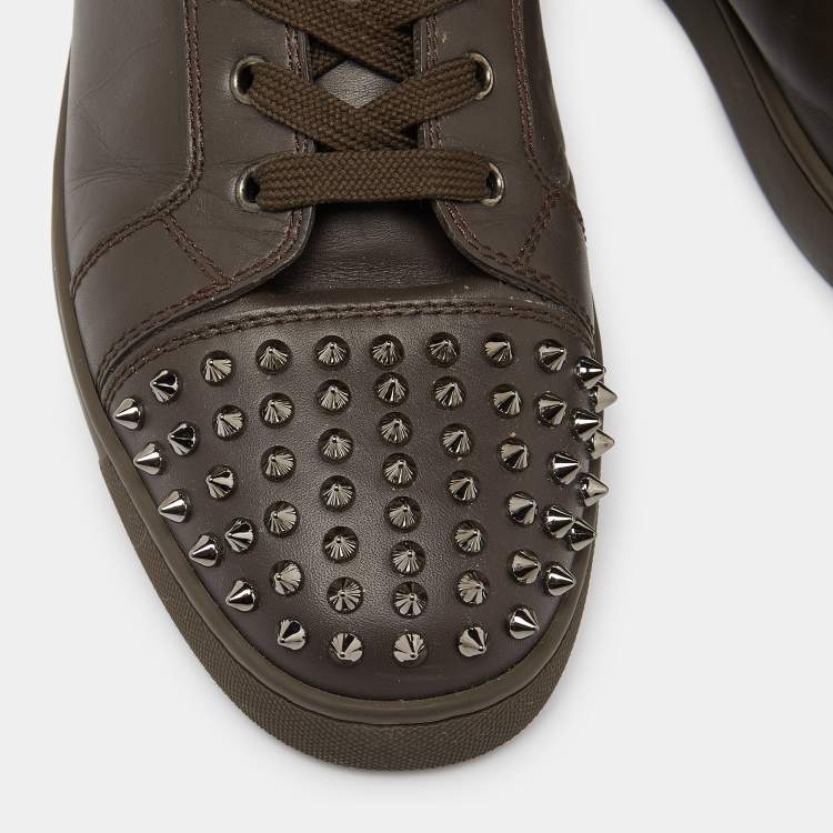 Pre Owned Christian Louboutin Brown Leather Lou Spikes High Top Sneakers Size 43.5