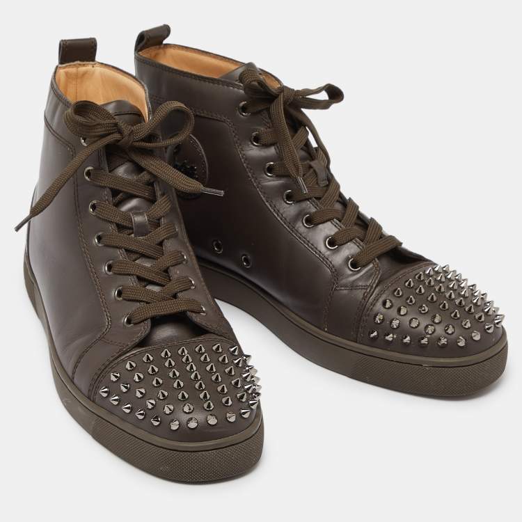 Pre Owned Christian Louboutin Brown Leather Lou Spikes High Top Sneakers Size 43.5