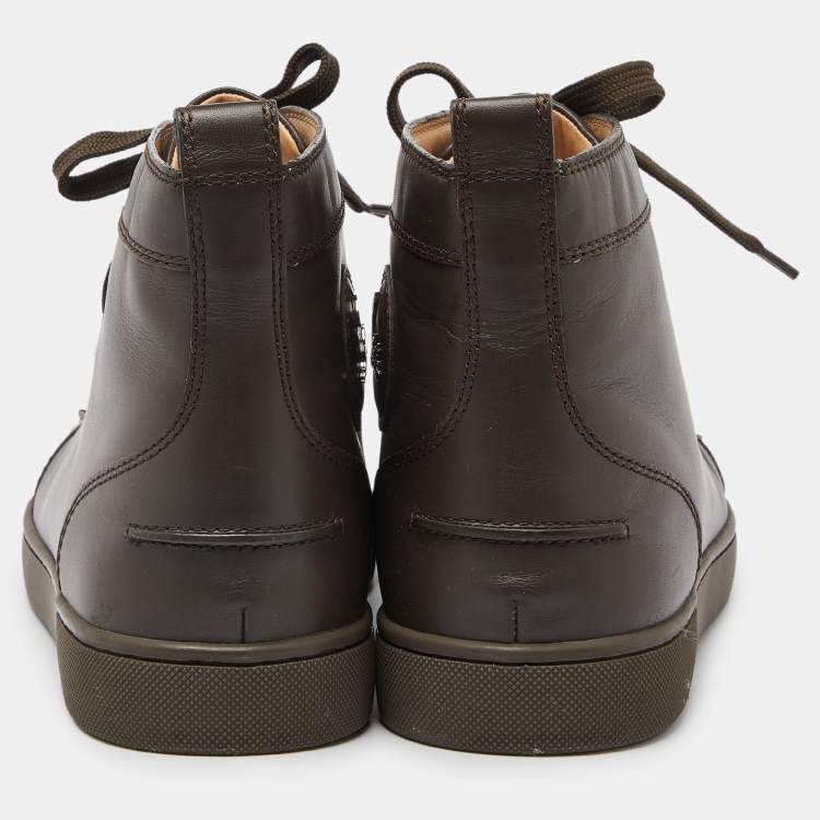 Pre Owned Christian Louboutin Brown Leather Lou Spikes High Top Sneakers Size 43.5