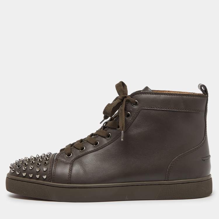 Pre Owned Christian Louboutin Brown Leather Lou Spikes High Top Sneakers Size 43.5