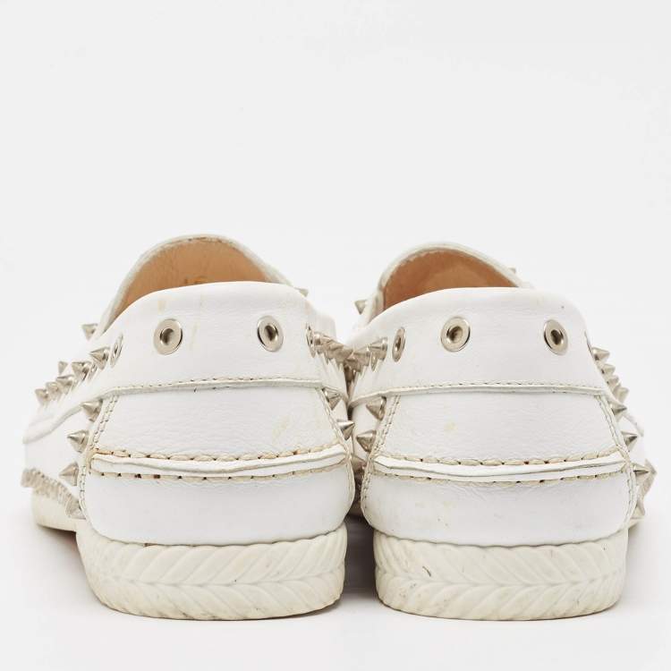 Pre Owned Christian Louboutin White Leather Studded Boat Deck Loafers Size 45