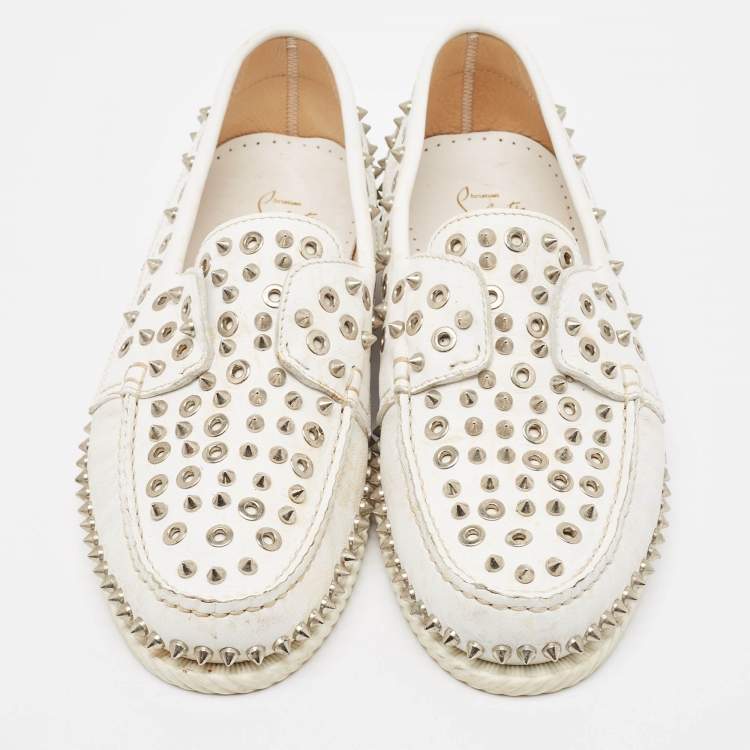 Pre Owned Christian Louboutin White Leather Studded Boat Deck Loafers Size 45