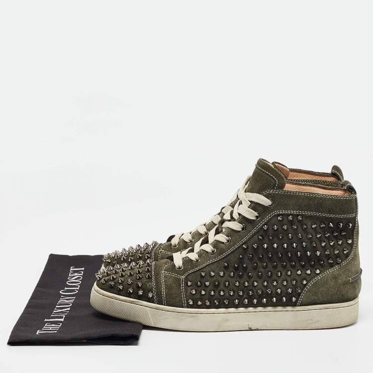 Pre Owned Christian Louboutin Green Suede Louis Spikes High Top Sneakers Size  44
