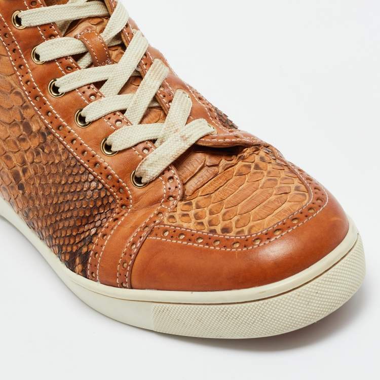 Pre Owned Christian Louboutin Brown Leather and Python Leather Orlato High Top Sneakers Size 44