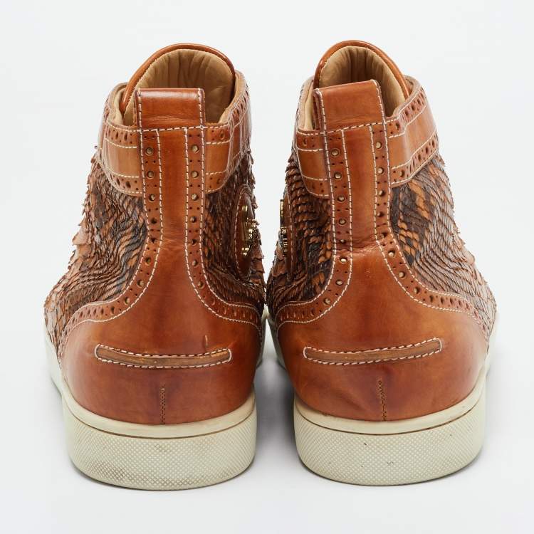 Pre Owned Christian Louboutin Brown Leather and Python Leather Orlato High Top Sneakers Size 44