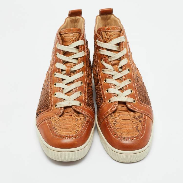 Pre Owned Christian Louboutin Brown Leather and Python Leather Orlato High Top Sneakers Size 44