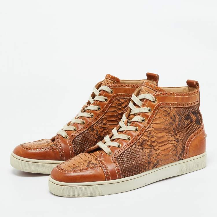 Pre Owned Christian Louboutin Brown Leather and Python Leather Orlato High Top Sneakers Size 44