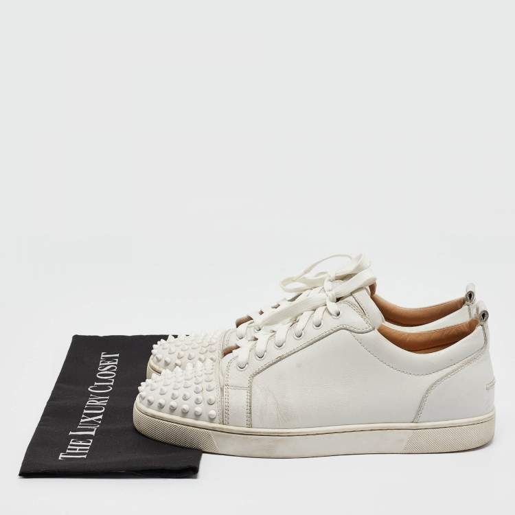 Pre Owned Christian Louboutin White Leather Louis Junior Spikes Low Top Sneakers Size 43.5