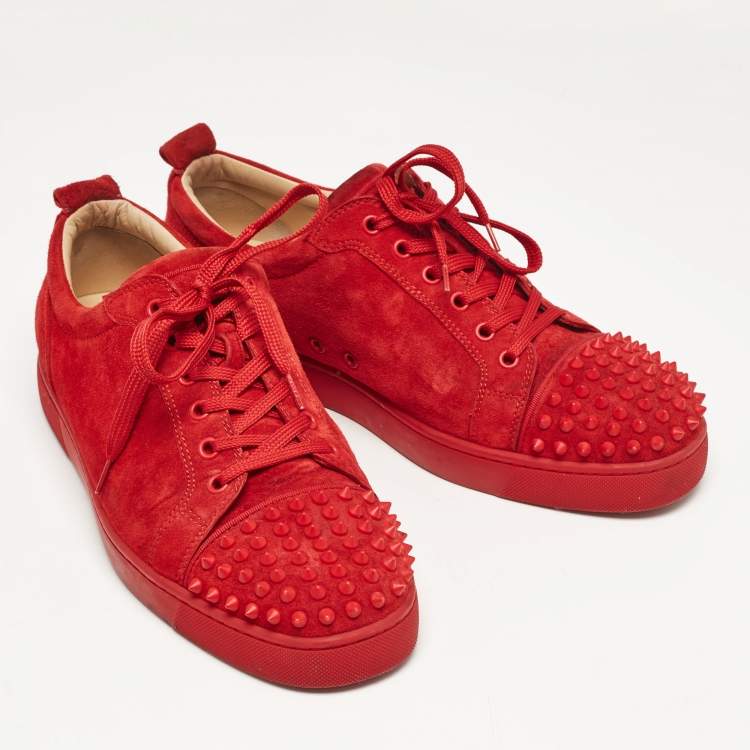 Pre Owned Christian Louboutin Red Suede Louis Junior Spikes Low Top Sneakers Size 43.5