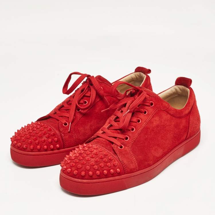 Pre Owned Christian Louboutin Red Suede Louis Junior Spikes Low Top Sneakers Size 43.5