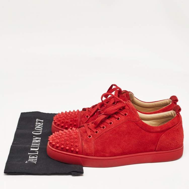 Pre Owned Christian Louboutin Red Suede Louis Junior Spikes Low Top Sneakers Size 43.5
