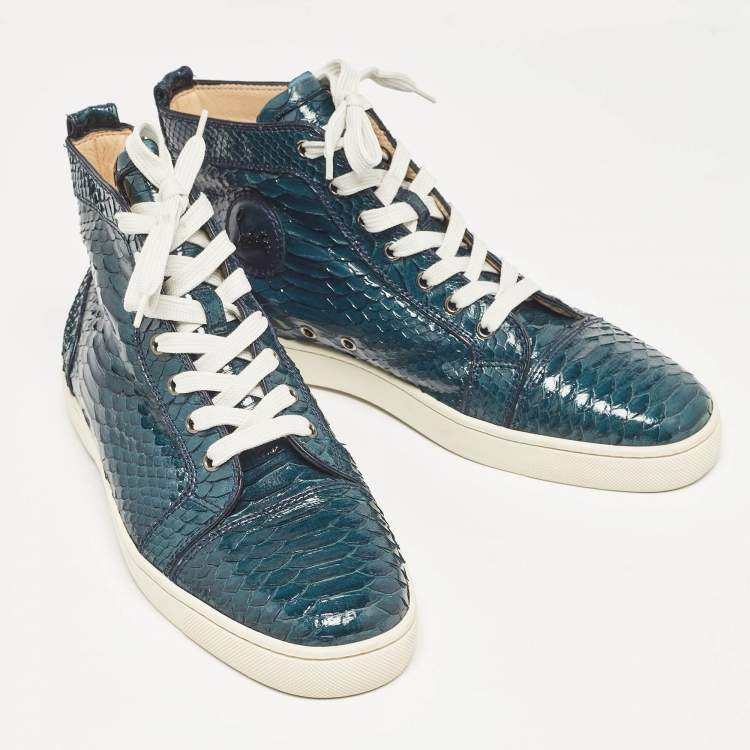 مملوكة مسبقًا Christian Louboutin Green Python Leather Louis High Top Sneakers Size 43.5