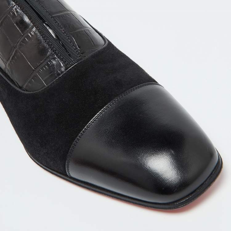 Pre Owned Christian Louboutin Black Croc Embossed Leather, Suede and Leather Alpha Male Loafers Size 39