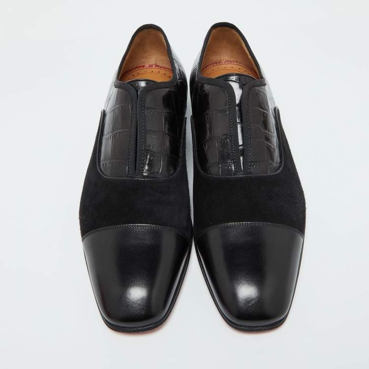 Pre Owned Christian Louboutin Black Croc Embossed Leather, Suede and Leather Alpha Male Loafers Size 39