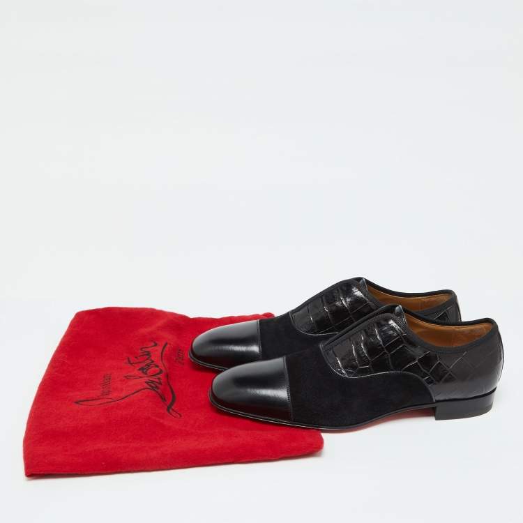 Pre Owned Christian Louboutin Black Croc Embossed Leather, Suede and Leather Alpha Male Loafers Size 39