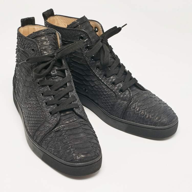 Pre Owned Christian Louboutin Black Python Louis Flat High Top Sneakers Size 46