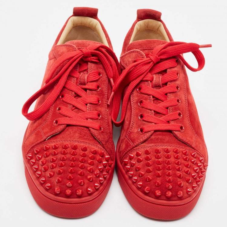 مملوكة مسبقًا Christian Louboutin Red Suede Louis Spikes Lace Up Sneakers Size 42.5