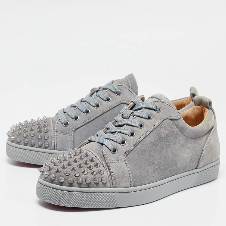 Pre Owned Christian Louboutin Grey Suede Louis Junior Spikes Lace Up Sneakers Size 40.5