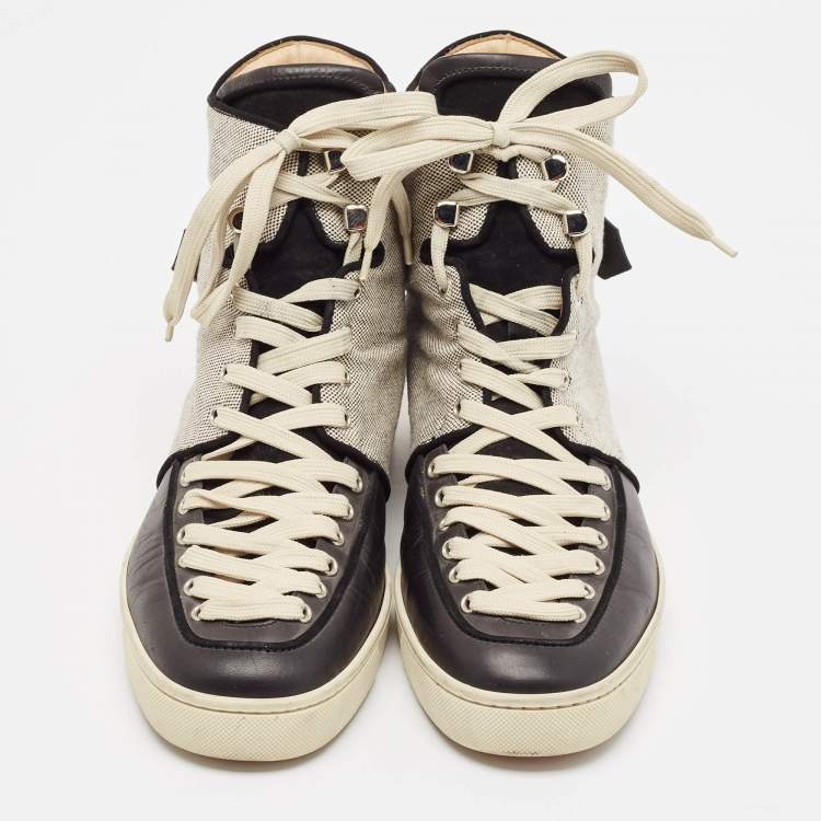مملوكة مسبقًا Christian Louboutin Black/Cream Canvas and Leather Alfie High Top Sneakers Size 45