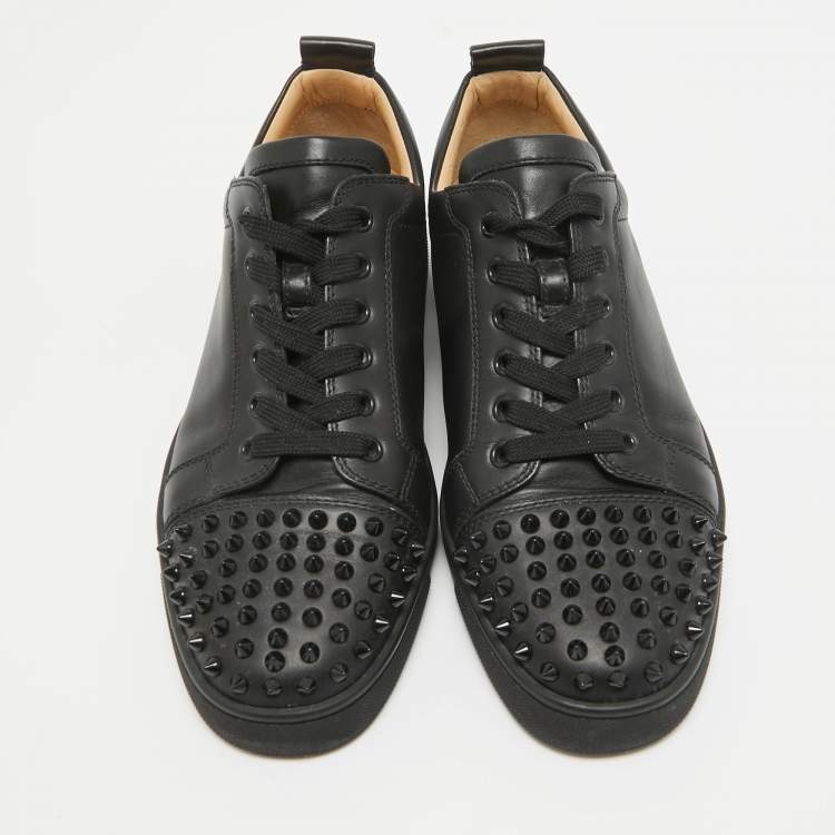 Pre Owned Christian Louboutin Black Leather Louis Junior Spikes Low Top Sneakers Size 40.5