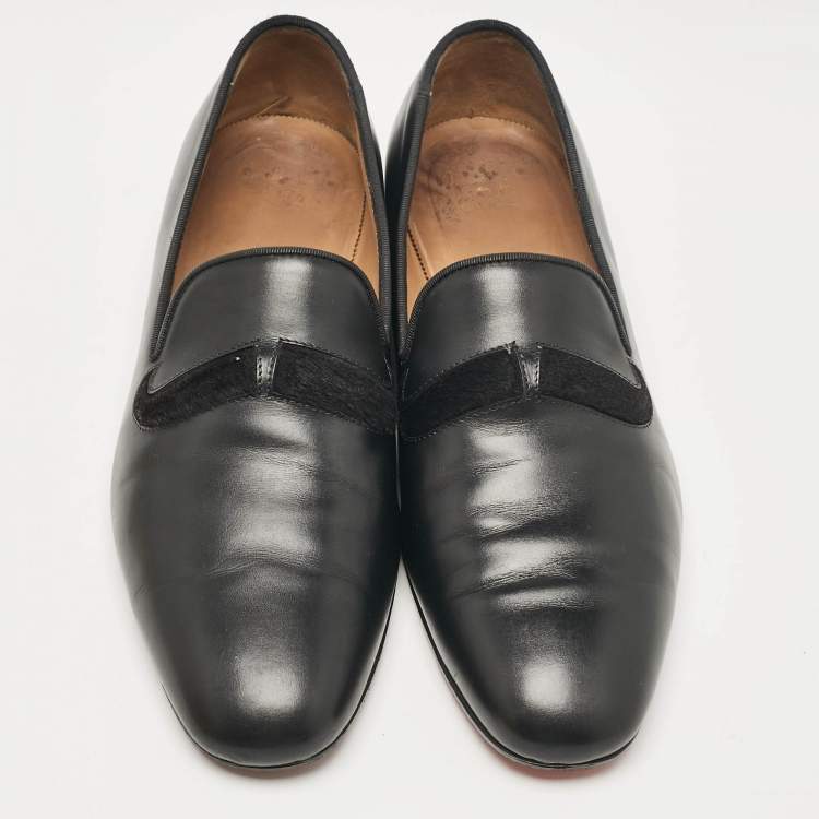 Pre Owned Christian Louboutin Black Leather and Calf Hair Smoking Slippers Size 43
