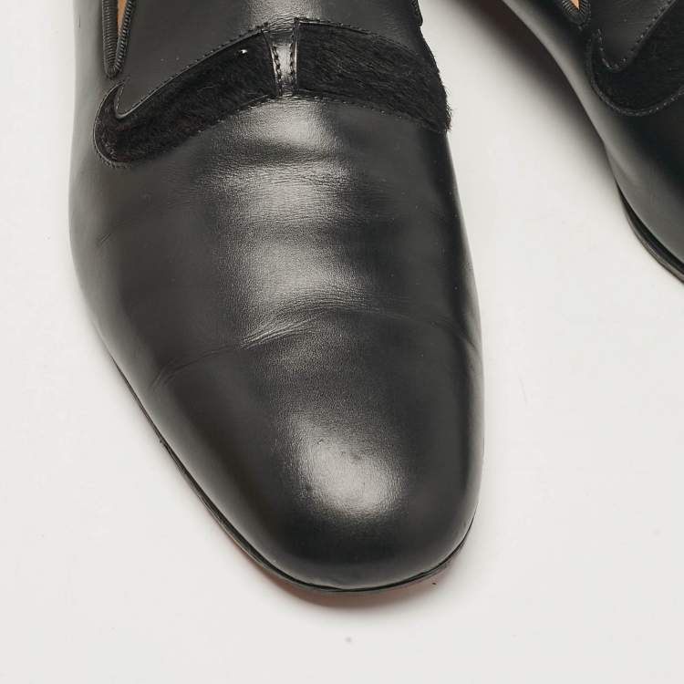 Pre Owned Christian Louboutin Black Leather and Calf Hair Smoking Slippers Size 43