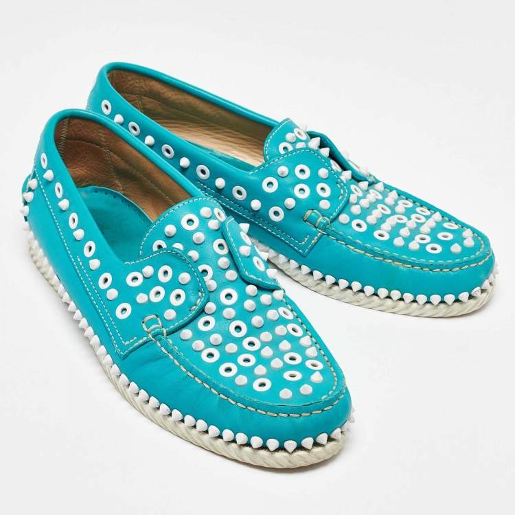 Pre Owned Christian Louboutin Blue Leather Spiked Yacht Loafers Size 43