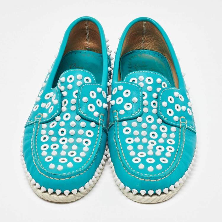 Pre Owned Christian Louboutin Blue Leather Spiked Yacht Loafers Size 43