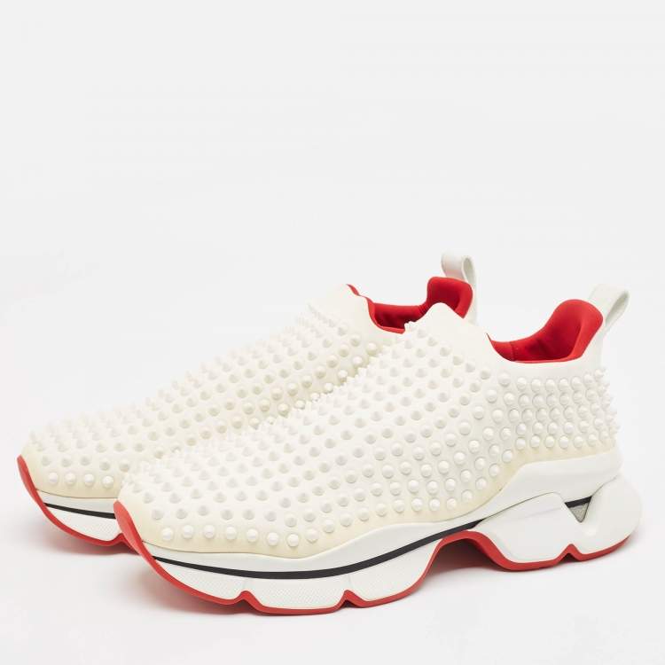 Pre Owned Christian Louboutin White Neoprene Spike Sock Sneakers Size 43
