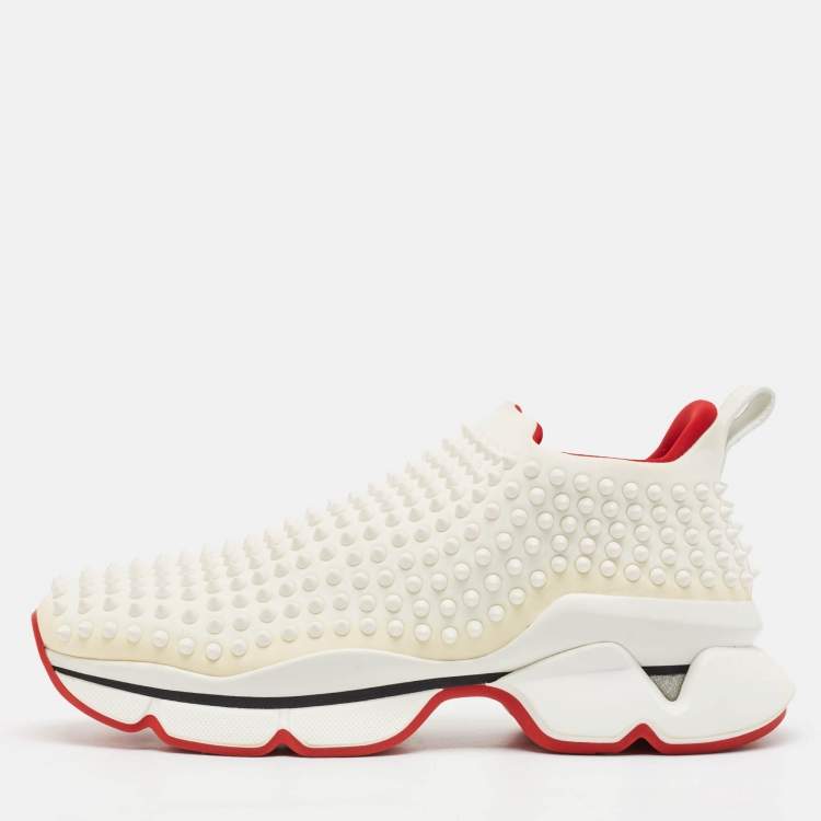 Pre Owned Christian Louboutin White Neoprene Spike Sock Sneakers Size 43