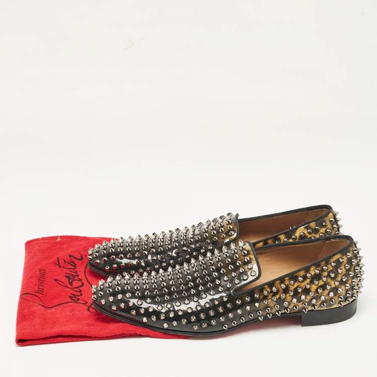 Pre Owned Christian Louboutin Black/Brown Leopard Print Patent Leather Dandelion Spikes Smoking Slippers Size 43