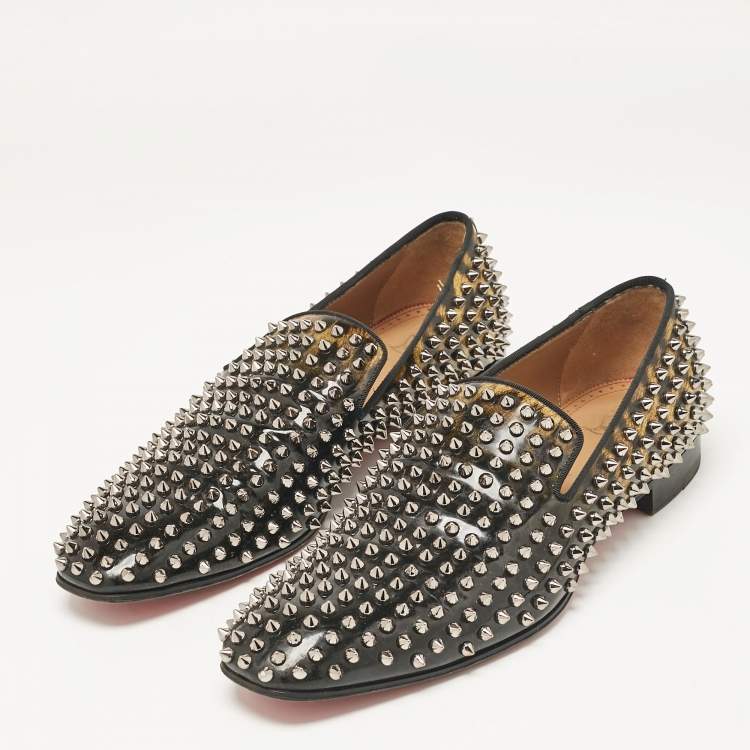 Pre Owned Christian Louboutin Black/Brown Leopard Print Patent Leather Dandelion Spikes Smoking Slippers Size 43