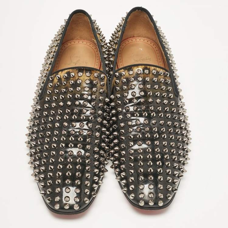 Pre Owned Christian Louboutin Black/Brown Leopard Print Patent Leather Dandelion Spikes Smoking Slippers Size 43
