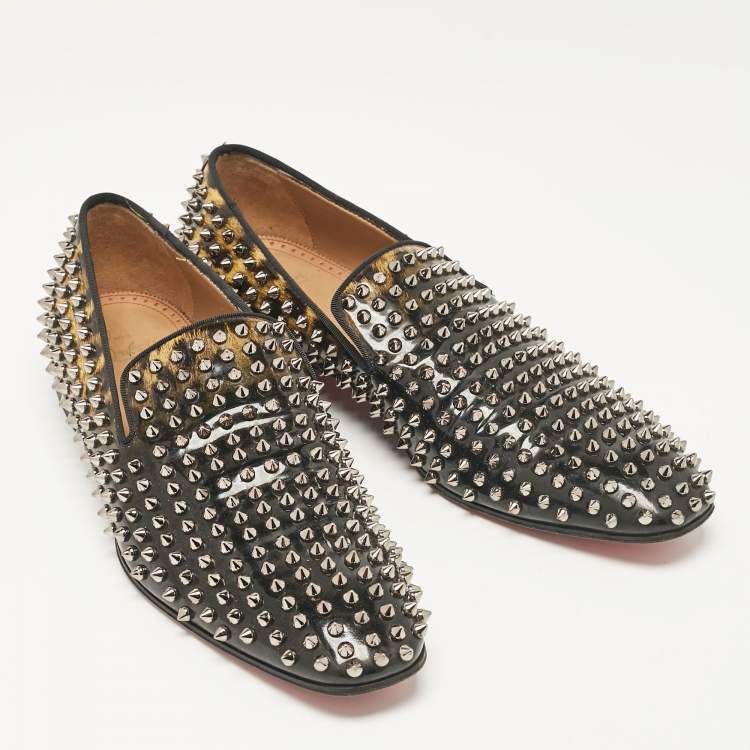 Pre Owned Christian Louboutin Black/Brown Leopard Print Patent Leather Dandelion Spikes Smoking Slippers Size 43