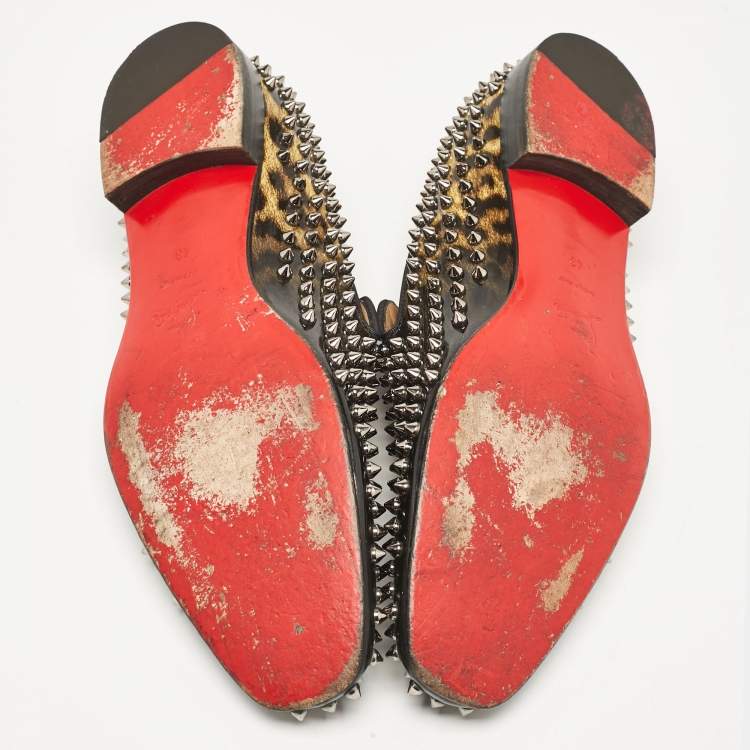 Pre Owned Christian Louboutin Black/Brown Leopard Print Patent Leather Dandelion Spikes Smoking Slippers Size 43