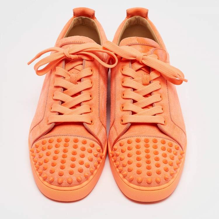 Pre Owned Christian Louboutin Neon Orange Suede Louis Junior Spikes Sneakers Size 44