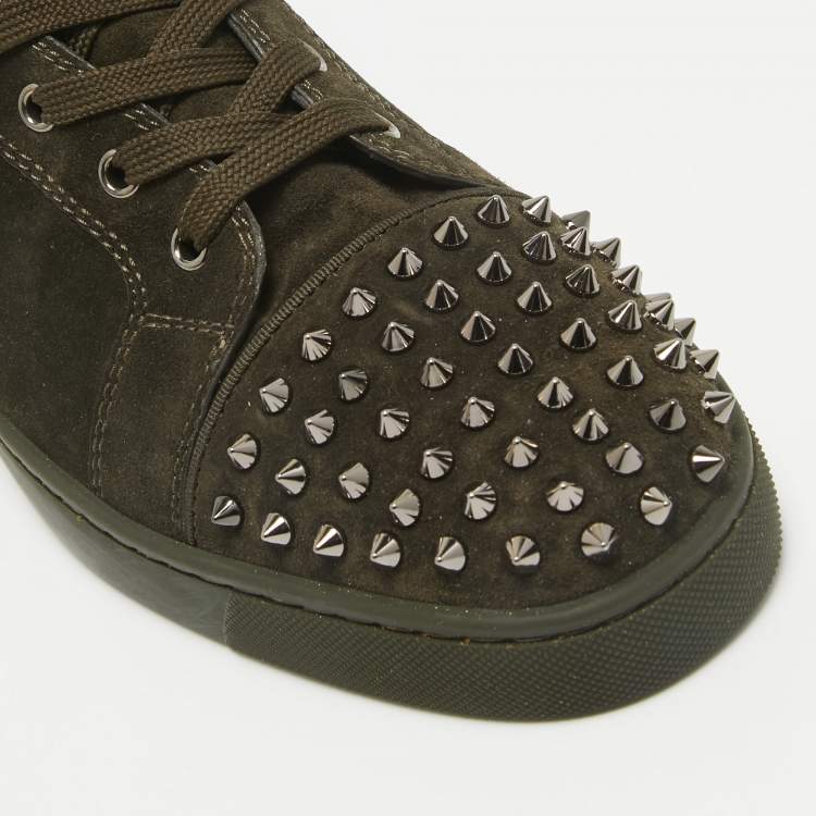 Pre Owned Christian Louboutin Olive Green Suede Lou Spikes Sneakers Size 43.5