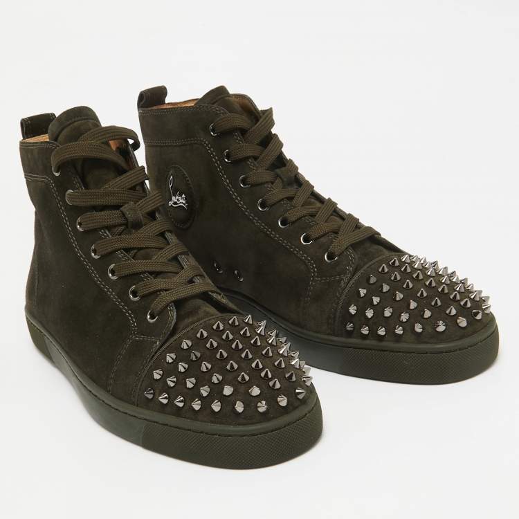 Pre Owned Christian Louboutin Olive Green Suede Lou Spikes Sneakers Size 43.5