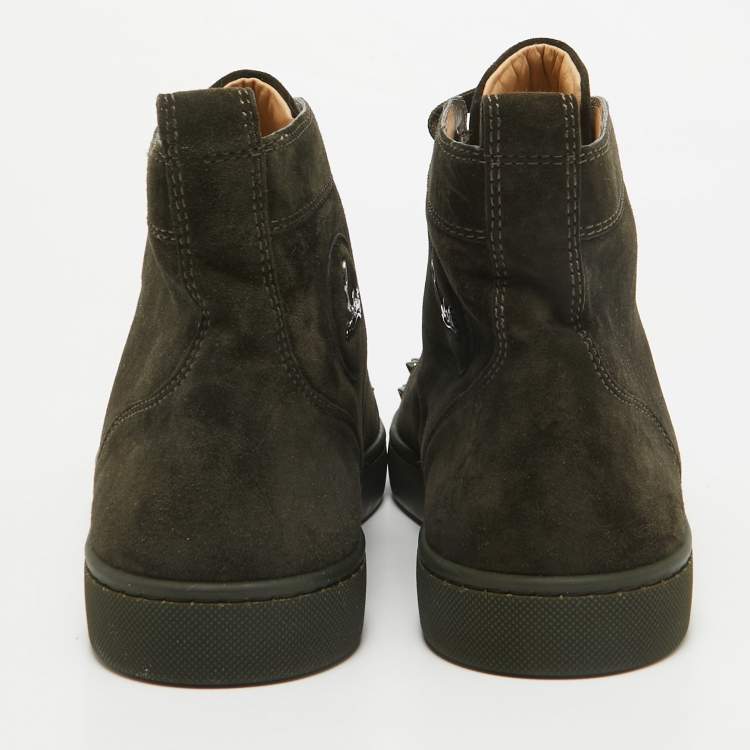 Pre Owned Christian Louboutin Olive Green Suede Lou Spikes Sneakers Size 43.5