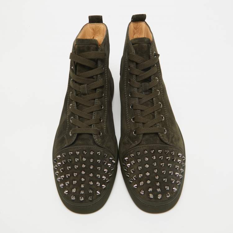 Pre Owned Christian Louboutin Olive Green Suede Lou Spikes Sneakers Size 43.5