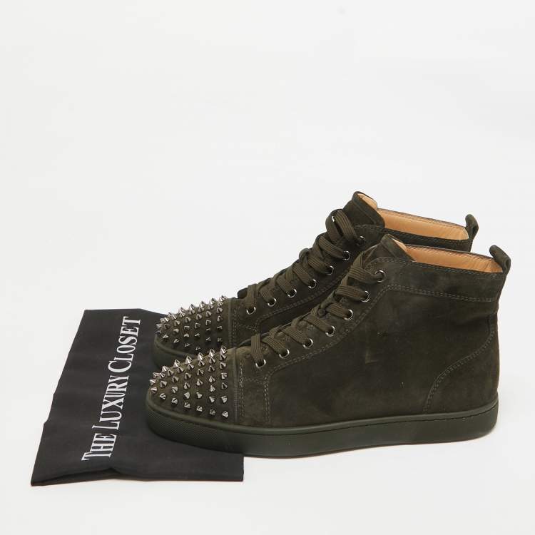 Pre Owned Christian Louboutin Olive Green Suede Lou Spikes Sneakers Size 43.5